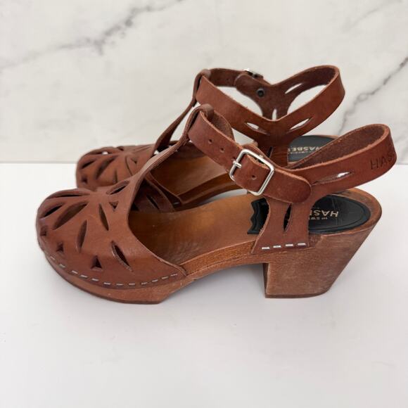 Swedish Hasbeens Women Lacy Sandal Size 36/ 6 Leather Cut Out Boho Neutral Brown - Picture 6 of 12